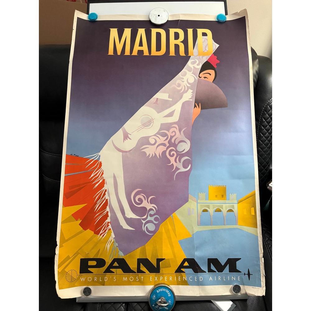 Vintage Original Pan Am Madrid Travel Poster Aaron Fine Litho Spain Aviation